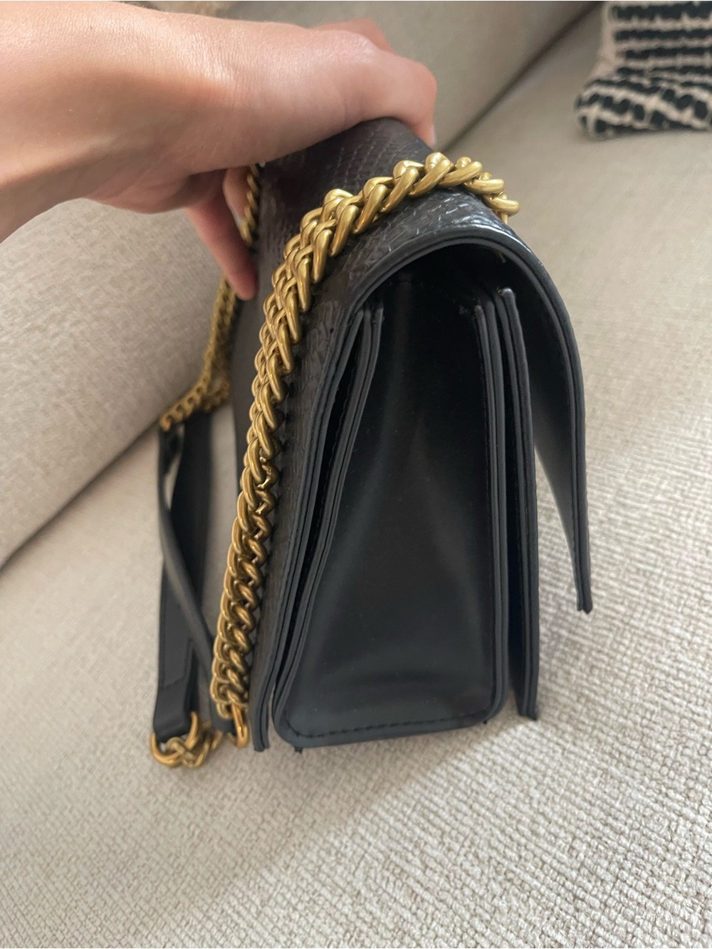 Black Textured Shoulder Bag with Gold Chain Handles - Picture 5 of 10